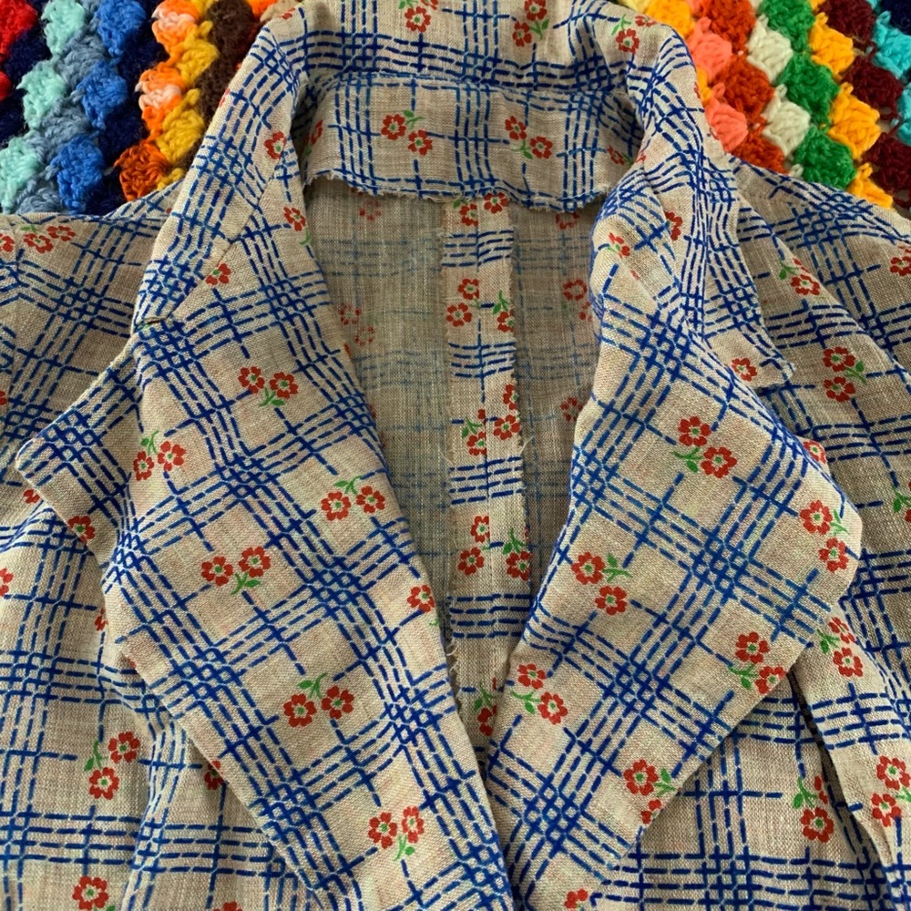 Vintage 1970s Daisy Floral Plaid 3 Button Statement Blazer Oversized Han… - Picture 10 of 15
